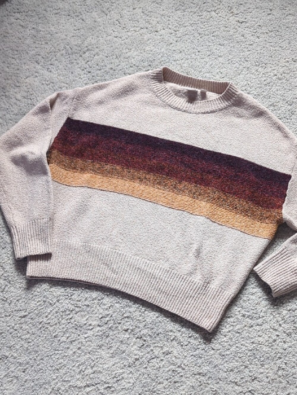 twik Cream Crewneck Sweater with Burgundy, Rust, and Mustard Stripes